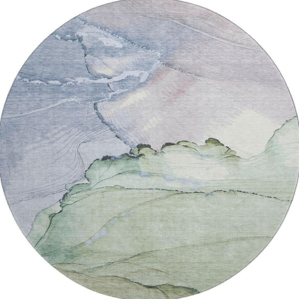 HomeRoots 8' Artichoke Green, Lavender & Ivory Abstract Washable Round Rug with UV Protection for Homes 701260