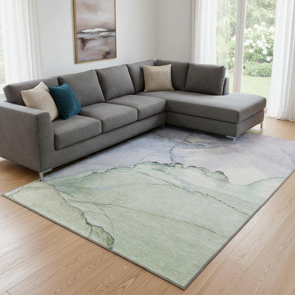 HomeRoots 8' X 10' Abstract Area Rug in Artichoke Green, Lavender & Ivory - Washable & UV Protected Design 701261