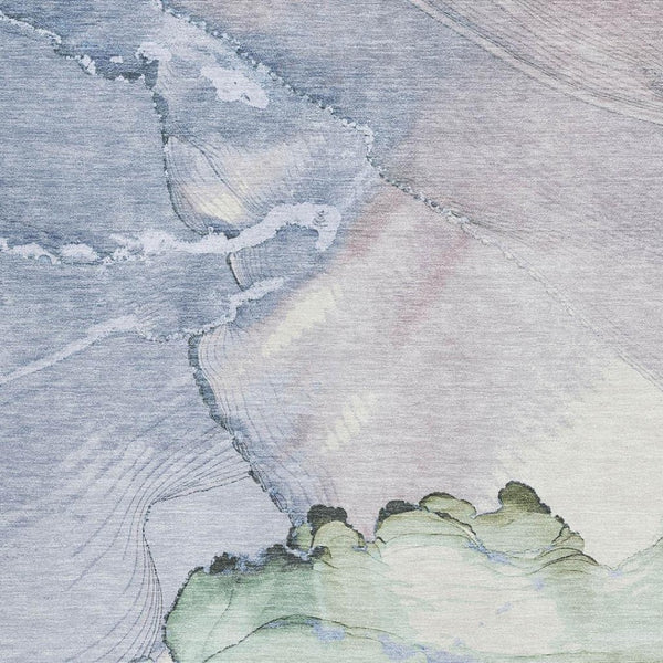 HomeRoots 9' X 12' Abstract Area Rug in Artichoke Green, Lavender & Ivory - Washable, UV Protected & Durable 701262