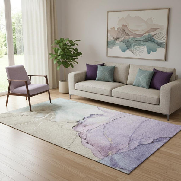 HomeRoots 5' X 8' Abstract Lavender, Beige & Ivory Area Rug - Washable, UV-Protected & Stylish for Any Space 701265