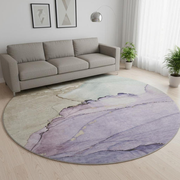 HomeRoots 8' Abstract Round Rug in Soft Lavender, Beige & Ivory – Washable, UV Protected & Non-Slip Design 701266