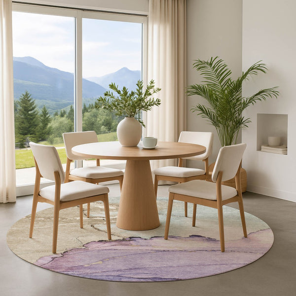 HomeRoots 8' Abstract Round Rug in Soft Lavender, Beige & Ivory – Washable, UV Protected & Non-Slip Design 701266