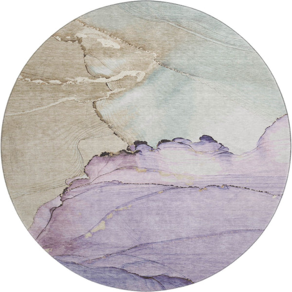HomeRoots 8' Abstract Round Rug in Soft Lavender, Beige & Ivory – Washable, UV Protected & Non-Slip Design 701266