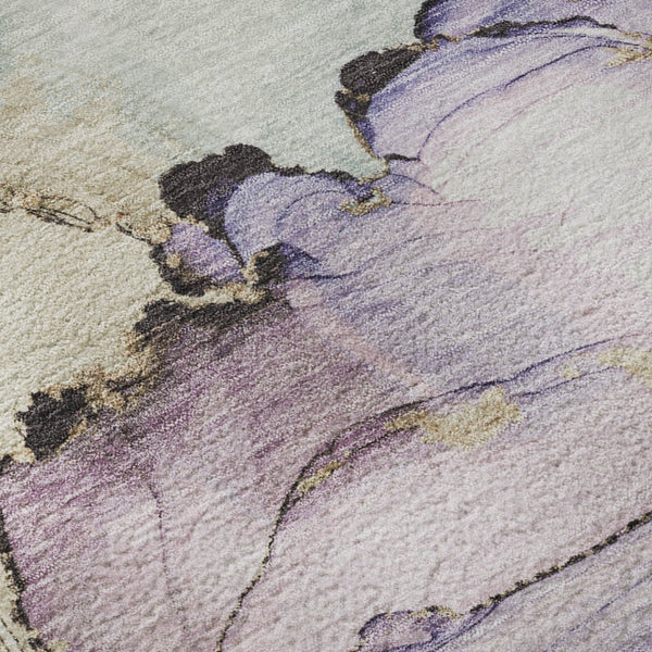 HomeRoots 8' Abstract Round Rug in Soft Lavender, Beige & Ivory – Washable, UV Protected & Non-Slip Design 701266
