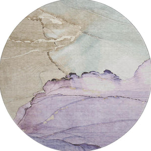 HomeRoots 8' Abstract Round Rug in Soft Lavender, Beige & Ivory – Washable, UV Protected & Non-Slip Design 701266