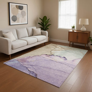HomeRoots 8' X 10' Abstract Lavender, Beige & Ivory Washable Area Rug with UV Protection for Modern Homes 701267