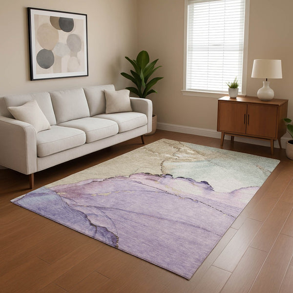 HomeRoots 8' X 10' Abstract Lavender, Beige & Ivory Washable Area Rug with UV Protection for Modern Homes 701267