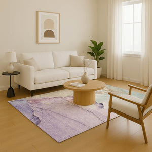HomeRoots 8' X 10' Abstract Lavender, Beige & Ivory Washable Area Rug with UV Protection for Modern Homes 701267