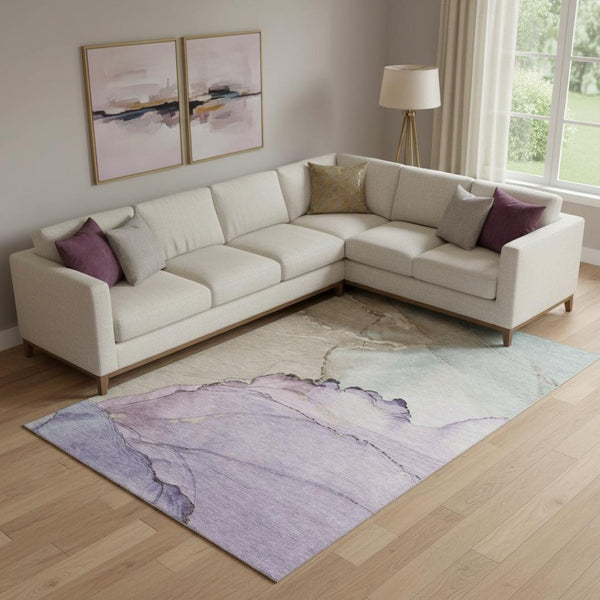 HomeRoots 10' X 14' Abstract Washable Area Rug in Lavender, Beige & Ivory - Durable, UV Protected & Stylish Design 701269