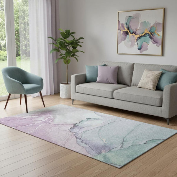HomeRoots 5' X 8' Stunning Pale Aqua, Lavender & Ivory Abstract Area Rug - Washable, UV Protected & Stylish 701271