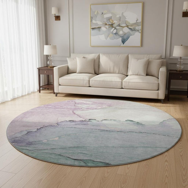 HomeRoots 8' Pale Aqua Lavender Abstract Round Rug - Washable, UV-Protected, Non-Slip for Stylish Spaces 701272
