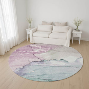 HomeRoots 8' Pale Aqua Lavender Abstract Round Rug - Washable, UV-Protected, Non-Slip for Stylish Spaces 701272