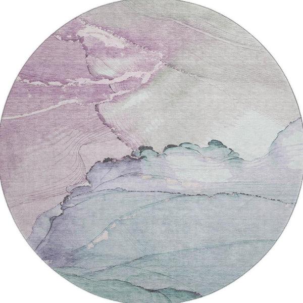 HomeRoots 8' Pale Aqua Lavender Abstract Round Rug - Washable, UV-Protected, Non-Slip for Stylish Spaces 701272