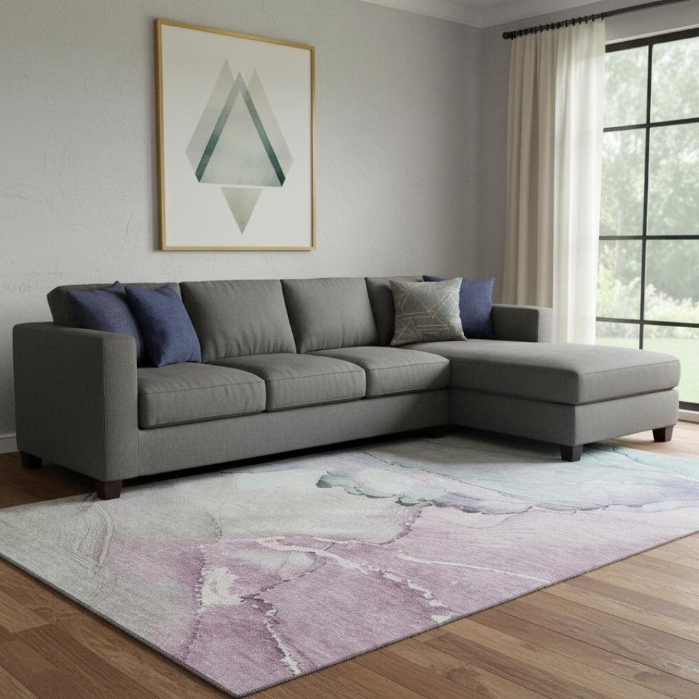 HomeRoots 8' X 10' Abstract Washable Area Rug in Pale Aqua, Lavender & Ivory – UV Protected, Stain Resistant! 701273