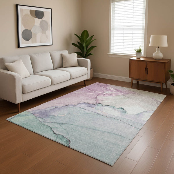 HomeRoots 9' X 12' Stylish Abstract Area Rug in Pale Aqua, Lavender & Ivory – Stain-Resistant, UV Protected & Durable 701274