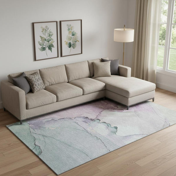 HomeRoots 10' x 14' Modern Abstract Washable Area Rug in Pale Aqua, Lavender & Ivory - UV & Stain Resistant! 701275