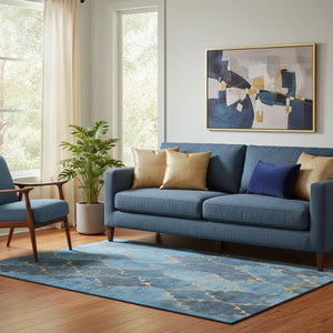 HomeRoots 5' X 8' Blue And Gold Damask Area Rug - Washable, UV Resistant, Stain-Repellent, Perfect for Homes! 701277