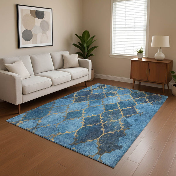 HomeRoots 5' X 8' Blue And Gold Damask Area Rug - Washable, UV Resistant, Stain-Repellent, Perfect for Homes! 701277