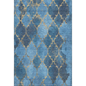 HomeRoots 5' X 8' Blue And Gold Damask Area Rug - Washable, UV Resistant, Stain-Repellent, Perfect for Homes! 701277