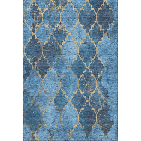 HomeRoots 5' X 8' Blue And Gold Damask Area Rug - Washable, UV Resistant, Stain-Repellent, Perfect for Homes! 701277