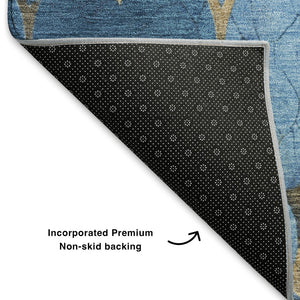 HomeRoots 5' X 8' Blue And Gold Damask Area Rug - Washable, UV Resistant, Stain-Repellent, Perfect for Homes! 701277