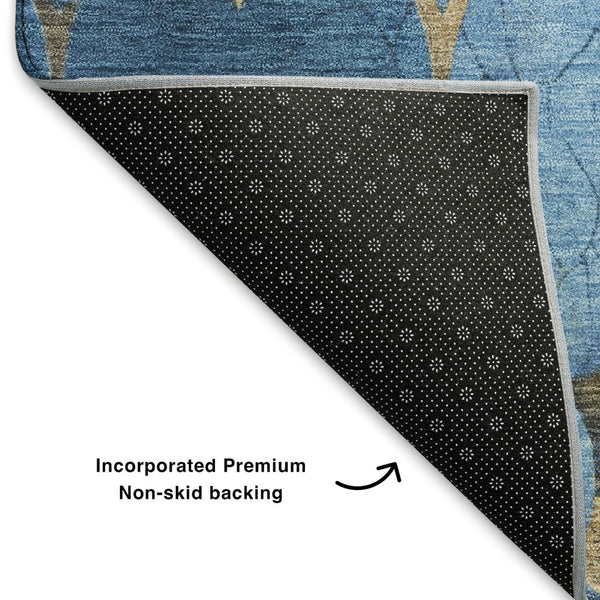 HomeRoots 5' X 8' Blue And Gold Damask Area Rug - Washable, UV Resistant, Stain-Repellent, Perfect for Homes! 701277