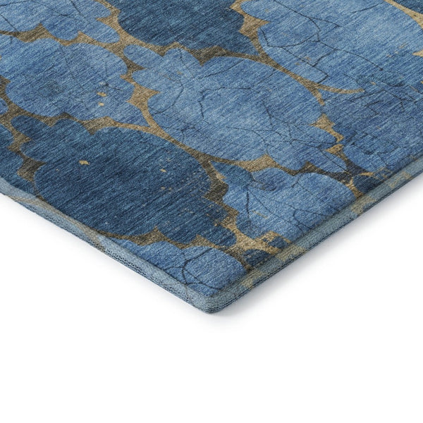 HomeRoots 5' X 8' Blue And Gold Damask Area Rug - Washable, UV Resistant, Stain-Repellent, Perfect for Homes! 701277