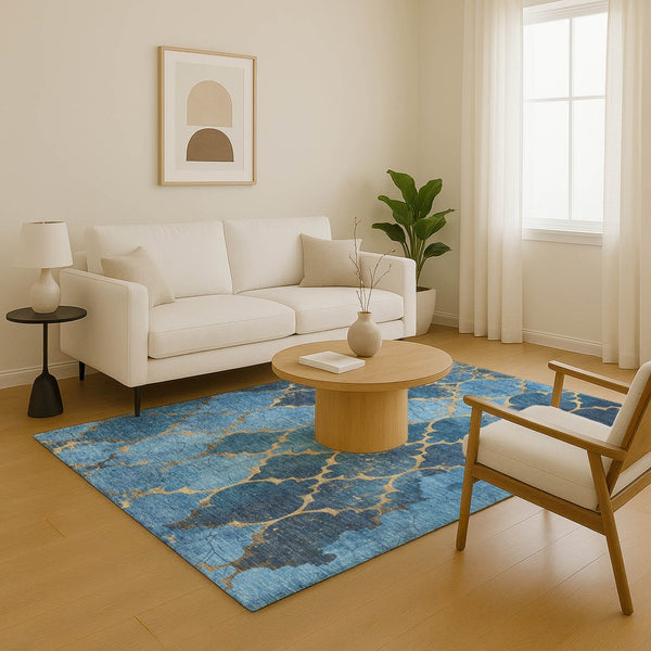 HomeRoots 5' X 8' Blue And Gold Damask Area Rug - Washable, UV Resistant, Stain-Repellent, Perfect for Homes! 701277