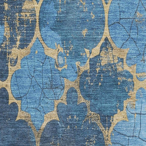 HomeRoots 5' X 8' Blue And Gold Damask Area Rug - Washable, UV Resistant, Stain-Repellent, Perfect for Homes! 701277