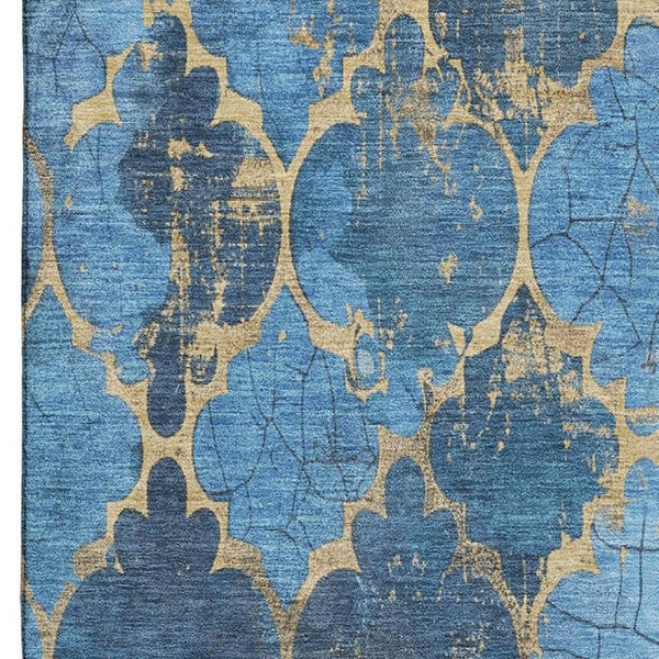 HomeRoots 5' X 8' Blue And Gold Damask Area Rug - Washable, UV Resistant, Stain-Repellent, Perfect for Homes! 701277