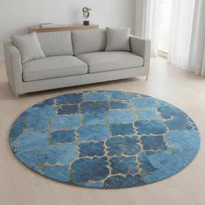 HomeRoots 8' Blue and Gold Damask Round Rug - Washable, UV Protected, Durable Design for Homes with Kids & Pets 701278
