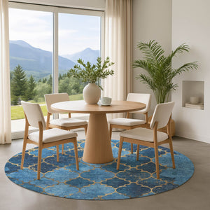 HomeRoots 8' Blue and Gold Damask Round Rug - Washable, UV Protected, Durable Design for Homes with Kids & Pets 701278