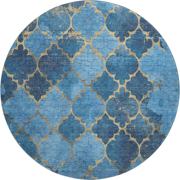 HomeRoots 8' Blue and Gold Damask Round Rug - Washable, UV Protected, Durable Design for Homes with Kids & Pets 701278