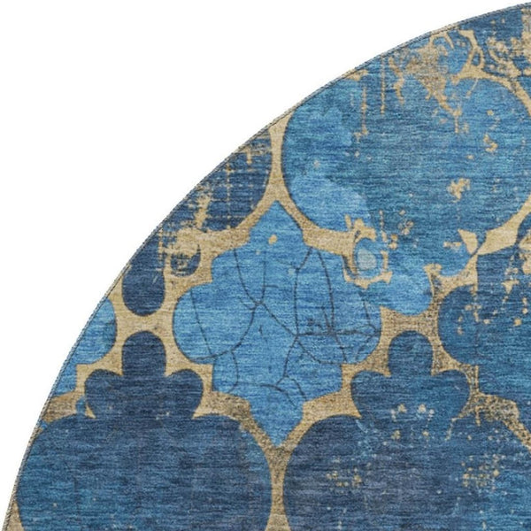 HomeRoots 8' Blue and Gold Damask Round Rug - Washable, UV Protected, Durable Design for Homes with Kids & Pets 701278