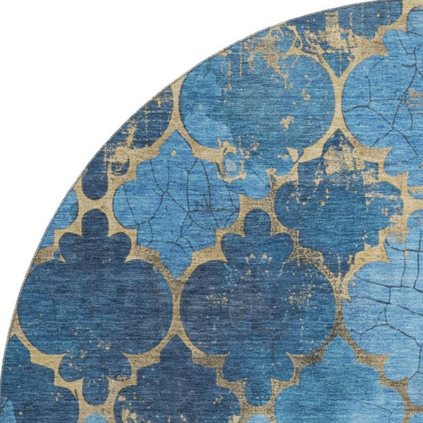 HomeRoots 8' Blue and Gold Damask Round Rug - Washable, UV Protected, Durable Design for Homes with Kids & Pets 701278