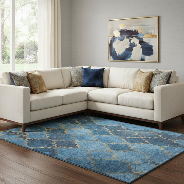 HomeRoots 8' X 10' Blue and Gold Damask Area Rug - Stylish, Washable, UV-Protected for High-Traffic Spaces 701279