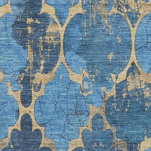 HomeRoots 8' X 10' Blue and Gold Damask Area Rug - Stylish, Washable, UV-Protected for High-Traffic Spaces 701279