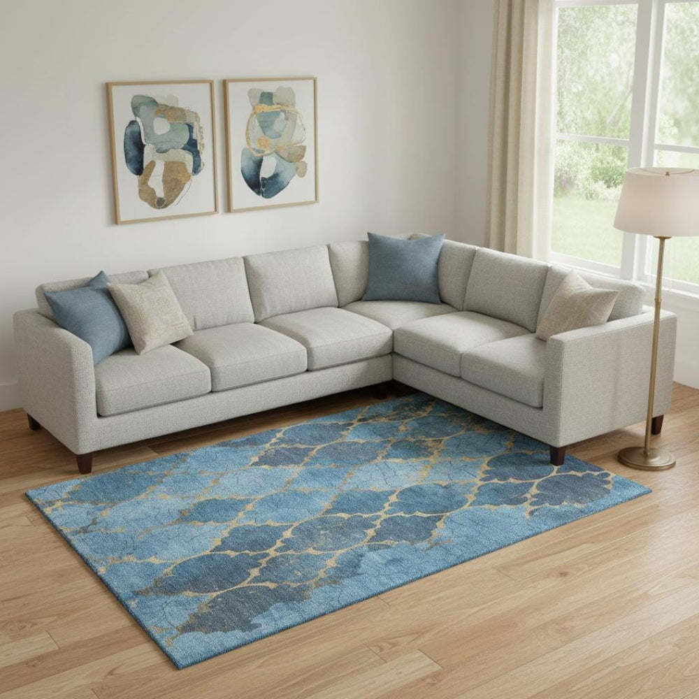 HomeRoots 9' X 12' Elegant Blue and Gold Damask Area Rug – Washable, UV Protected, Perfect for High-Traffic Spaces! 701280