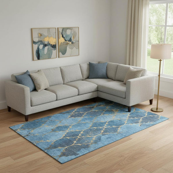 HomeRoots 10' Blue and Gold Damask Area Rug – Washable, UV Protected, Stain-Resistant for High-Traffic Homes 701281