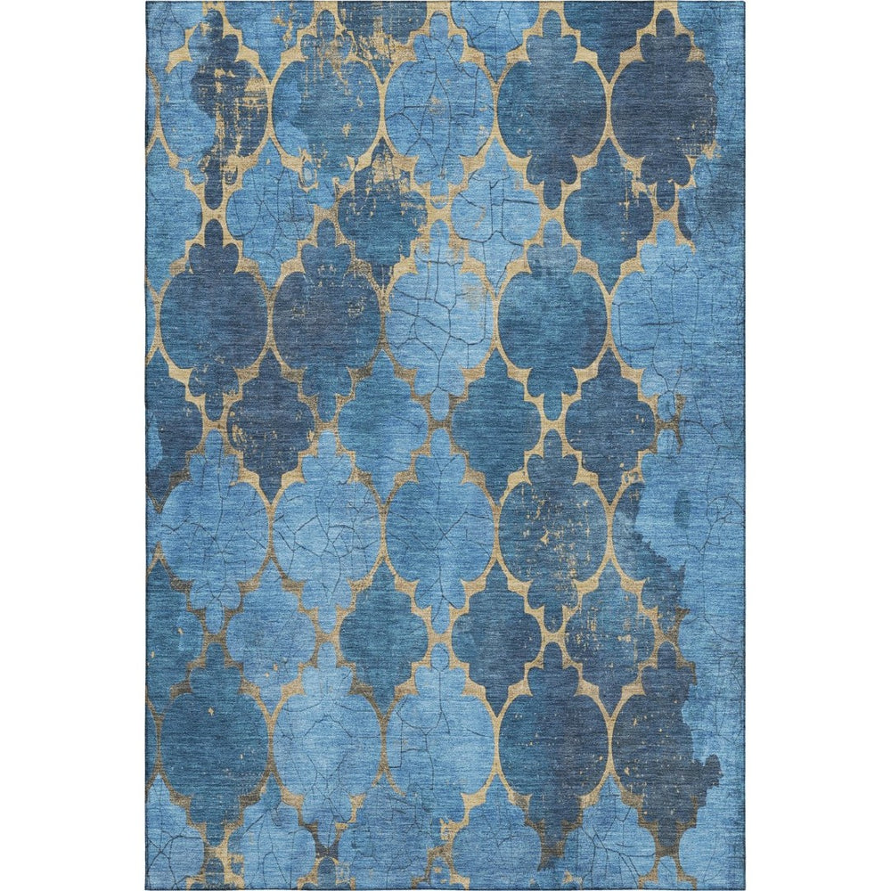 HomeRoots 10' Blue and Gold Damask Area Rug – Washable, UV Protected, Stain-Resistant for High-Traffic Homes 701281