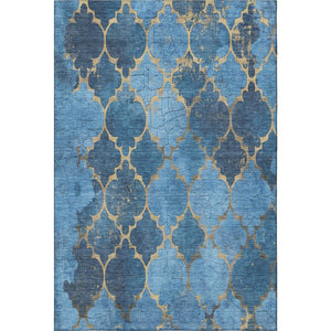HomeRoots 10' Blue and Gold Damask Area Rug – Washable, UV Protected, Stain-Resistant for High-Traffic Homes 701281