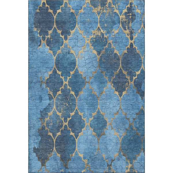 HomeRoots 10' Blue and Gold Damask Area Rug – Washable, UV Protected, Stain-Resistant for High-Traffic Homes 701281