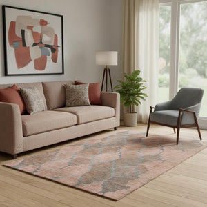 HomeRoots 5' Stylish Copper and Gray Damask Area Rug - Washable, UV-Protected, Durable for High Traffic Spaces 701283
