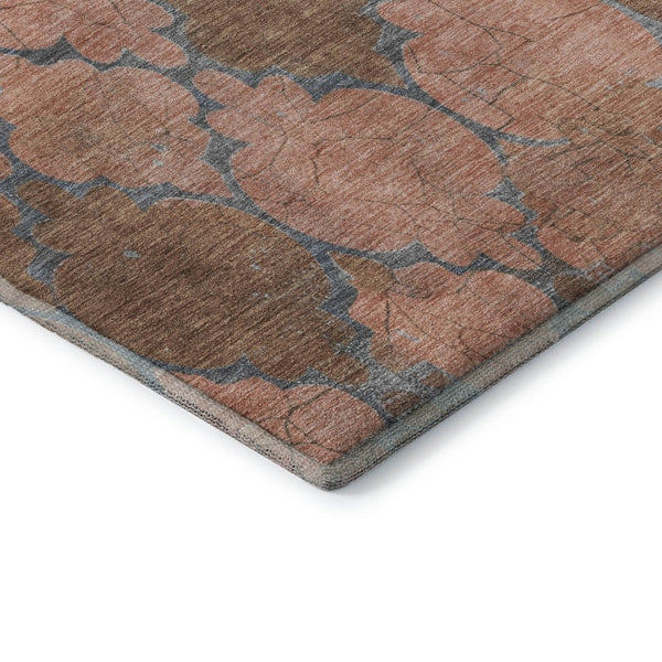 HomeRoots 5' Stylish Copper and Gray Damask Area Rug - Washable, UV-Protected, Durable for High Traffic Spaces 701283