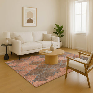 HomeRoots 5' Stylish Copper and Gray Damask Area Rug - Washable, UV-Protected, Durable for High Traffic Spaces 701283