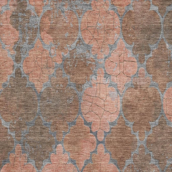 HomeRoots 5' Stylish Copper and Gray Damask Area Rug - Washable, UV-Protected, Durable for High Traffic Spaces 701283