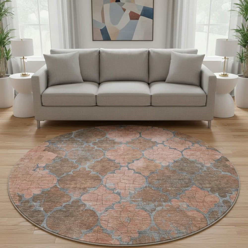 HomeRoots 8' Copper and Gray Damask Washable Round Rug - UV Protected, Stain Resistant, Non-Slip Design for Homes 701284