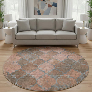 HomeRoots 8' Copper and Gray Damask Washable Round Rug - UV Protected, Stain Resistant, Non-Slip Design for Homes 701284