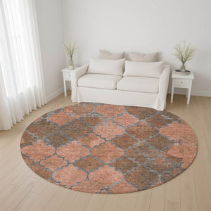 HomeRoots 8' Copper and Gray Damask Washable Round Rug - UV Protected, Stain Resistant, Non-Slip Design for Homes 701284