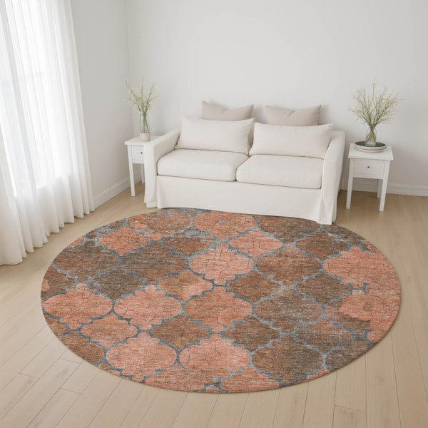 HomeRoots 8' Copper and Gray Damask Washable Round Rug - UV Protected, Stain Resistant, Non-Slip Design for Homes 701284